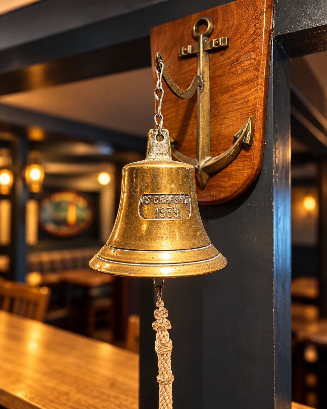 Brass ship bell hanging inside Ardview Inn