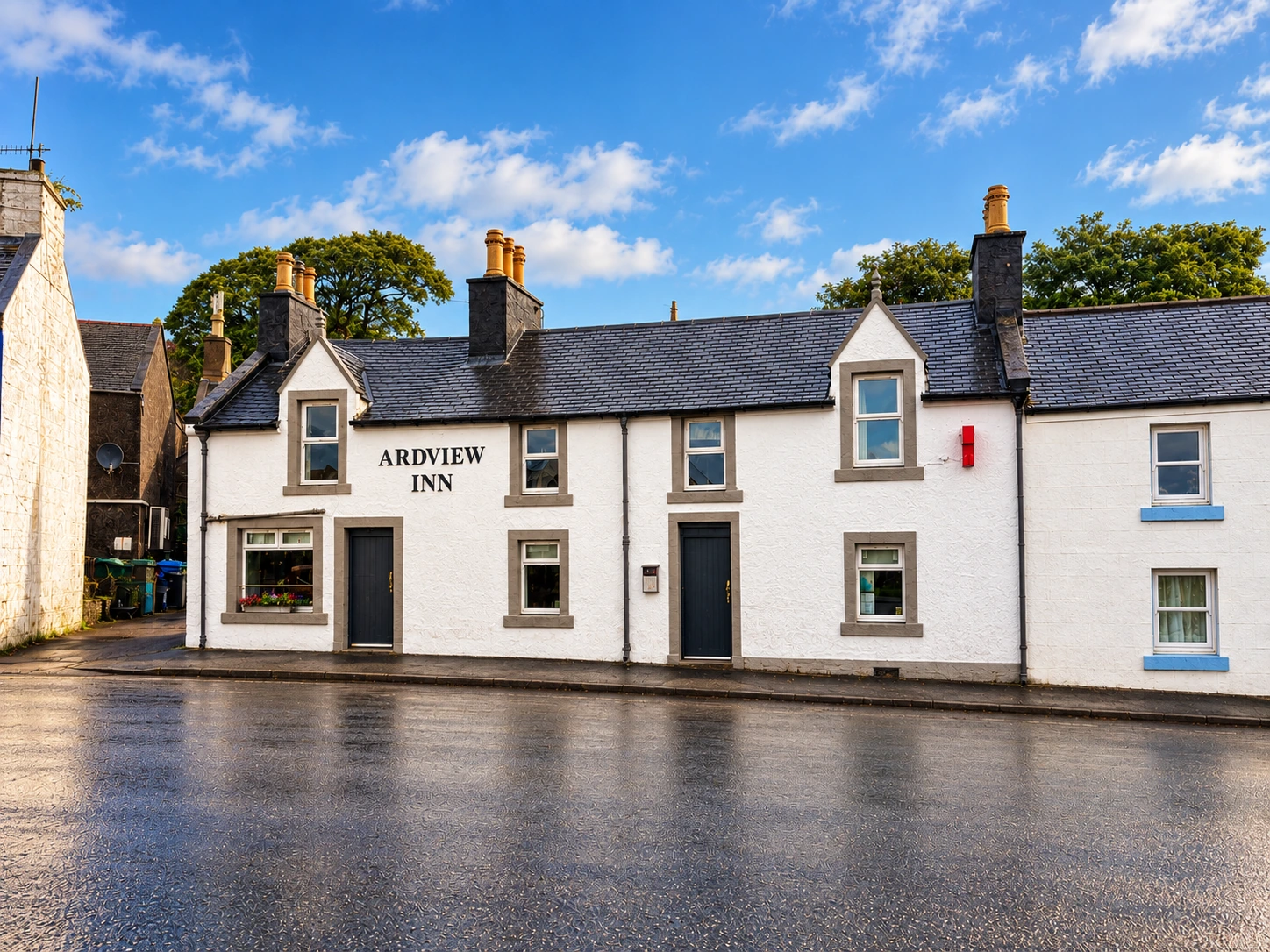 White painted exterior of Ardview Inn in Port Ellen, Islay