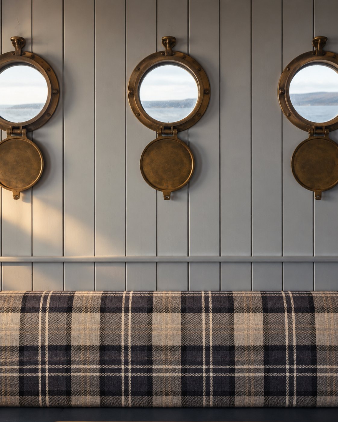 Round porthole-style wall mirrors above checked bench seating at Ardview Inn