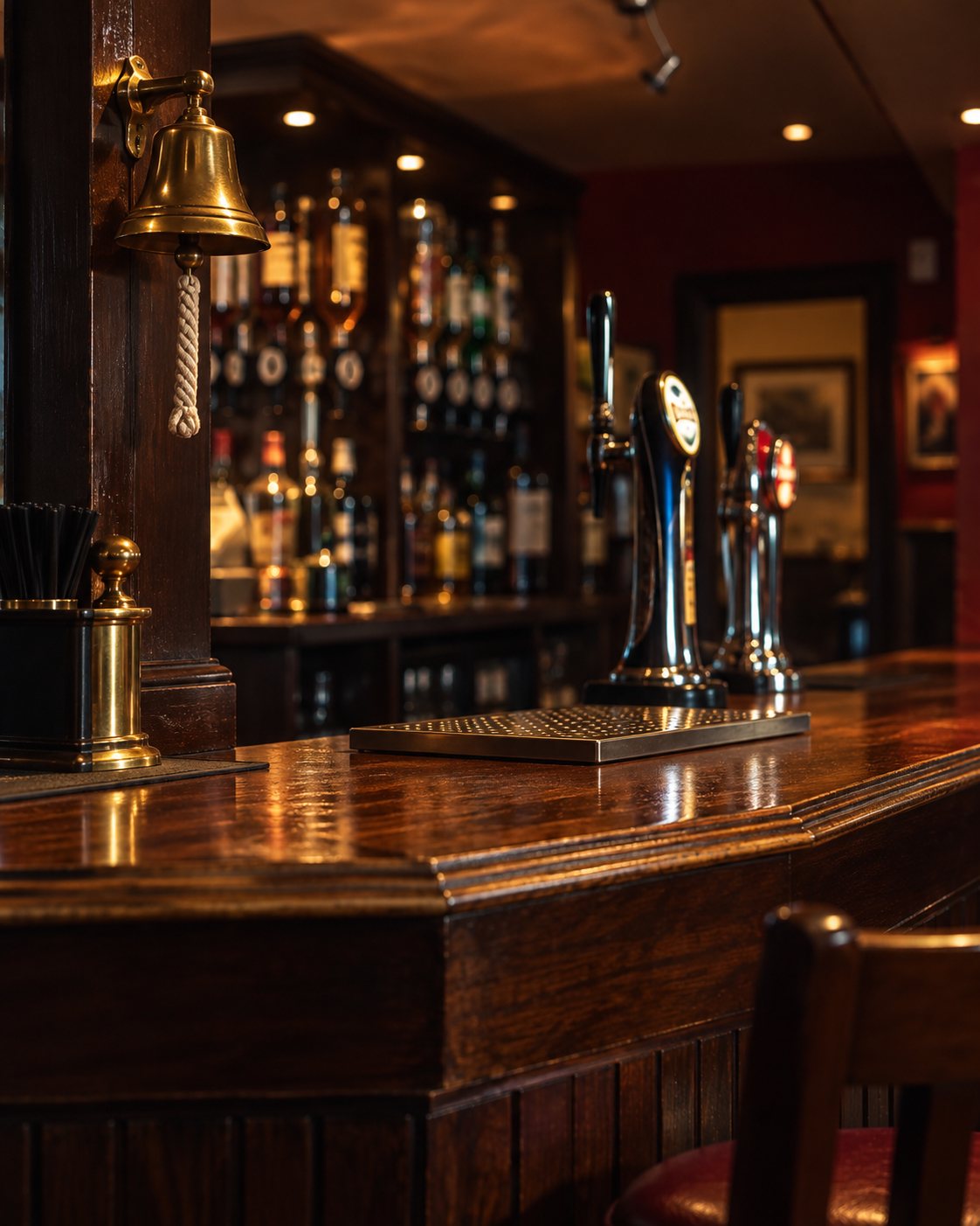 Wooden bar counter and beer taps inside The Burgh Bar in Dunoon