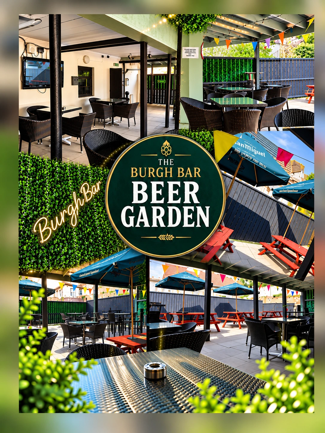 Beer garden entrance sign and outdoor seating at The Burgh Bar Dunoon