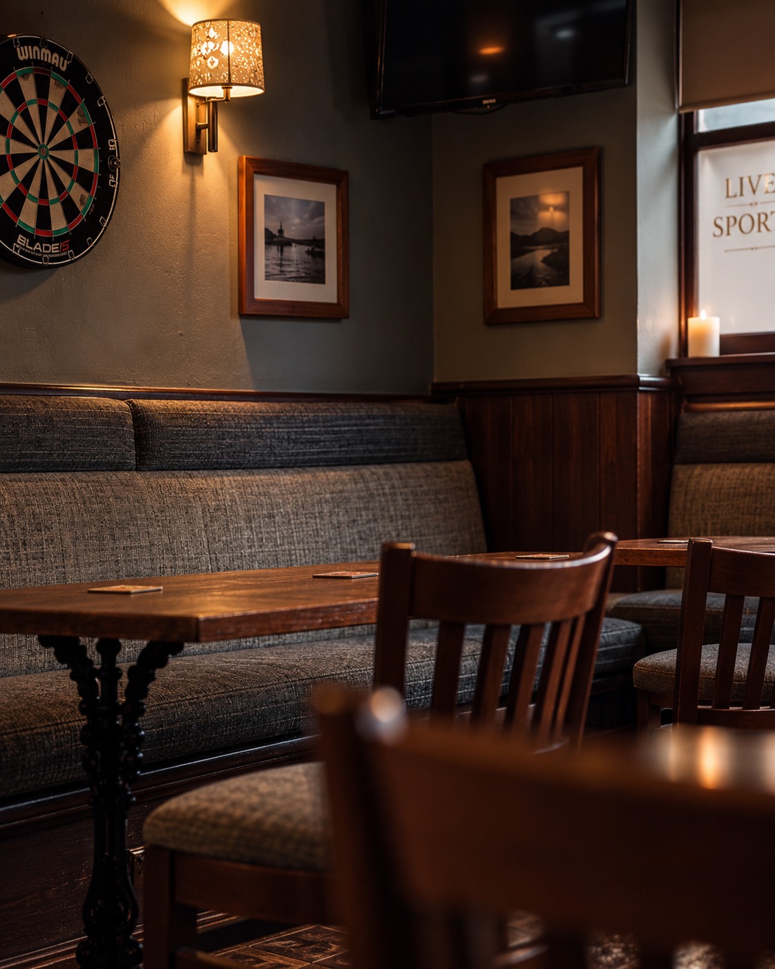 Dartboard and upholstered booth seating inside The Burgh Bar Dunoon