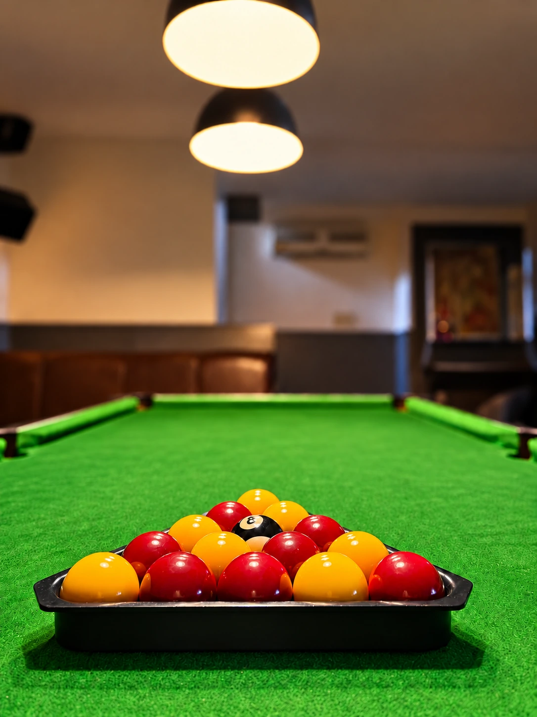Coloured pool balls arranged on the green pool table at The Burgh Bar Dunoon