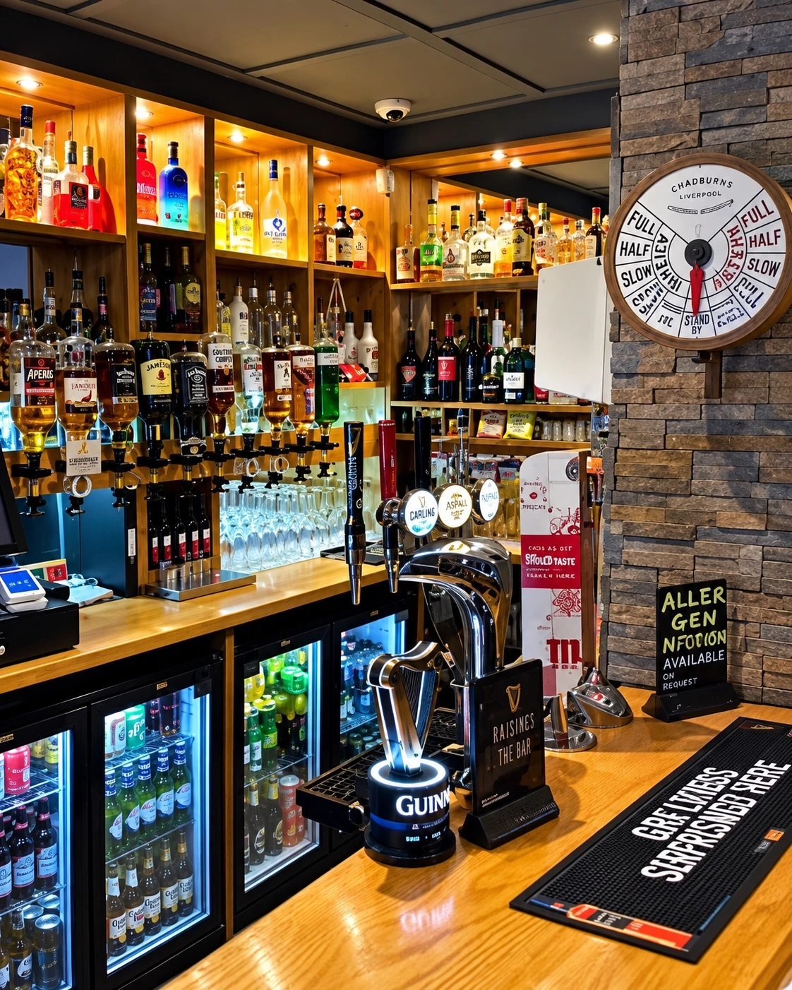 Draught beer taps and bottles behind the bar at The Burgh Bar Partick