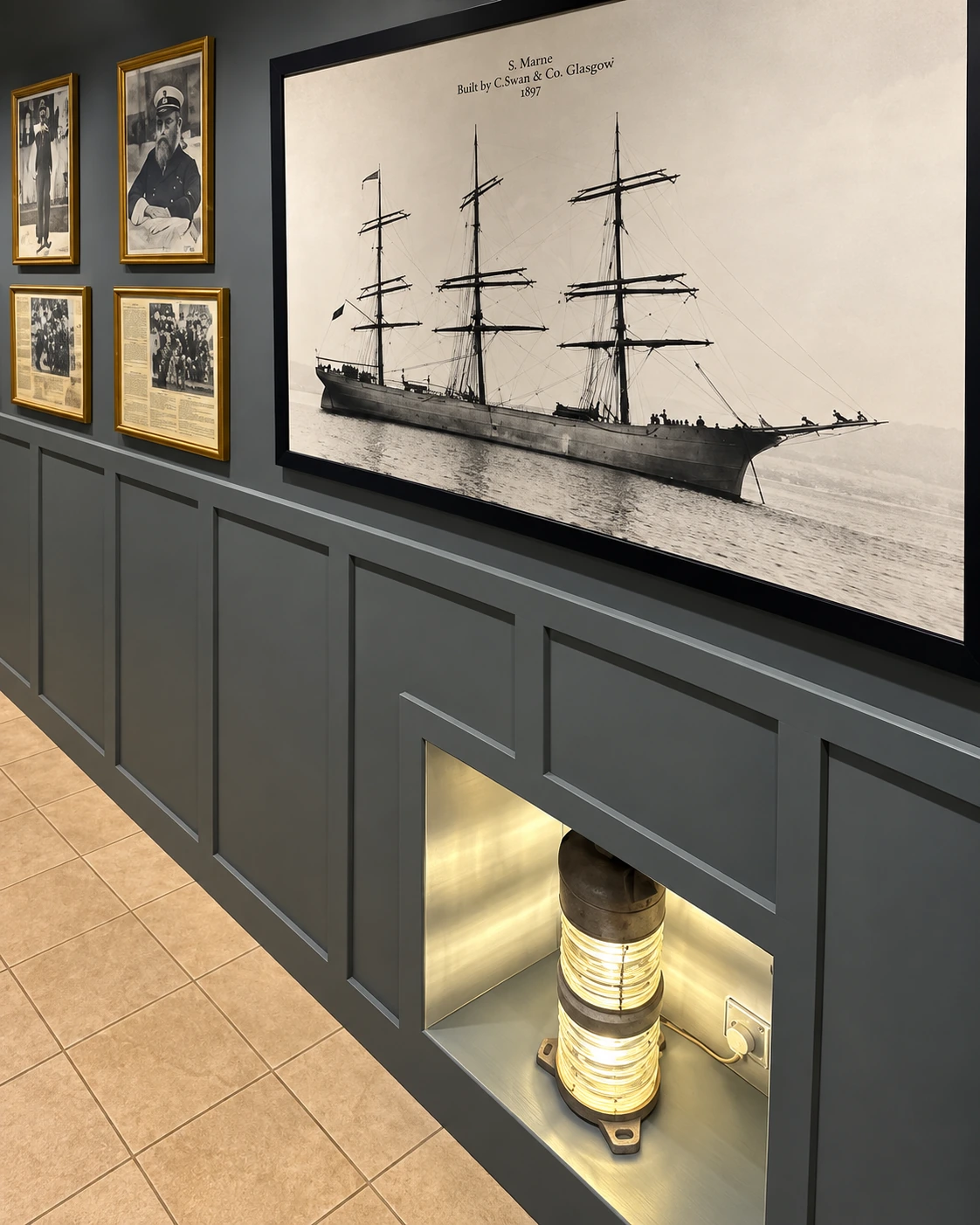 Framed black and white photograph of a ship at The Burgh Bar Partick