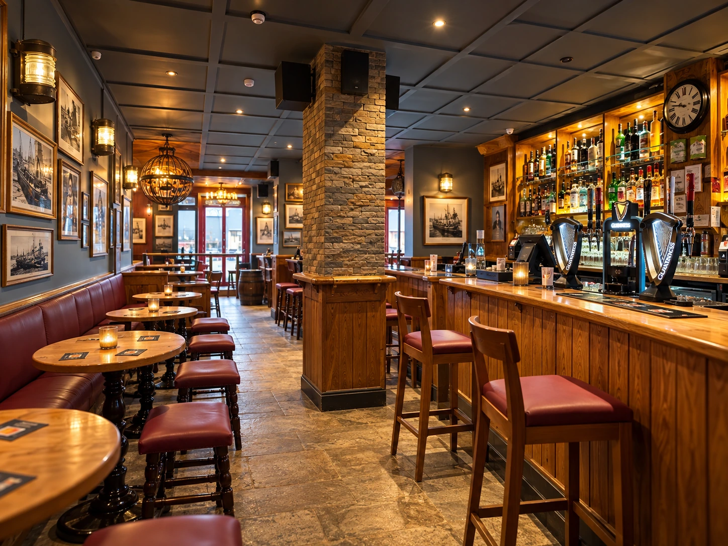 Long wooden bar and seating inside The Burgh Bar Partick in Glasgow