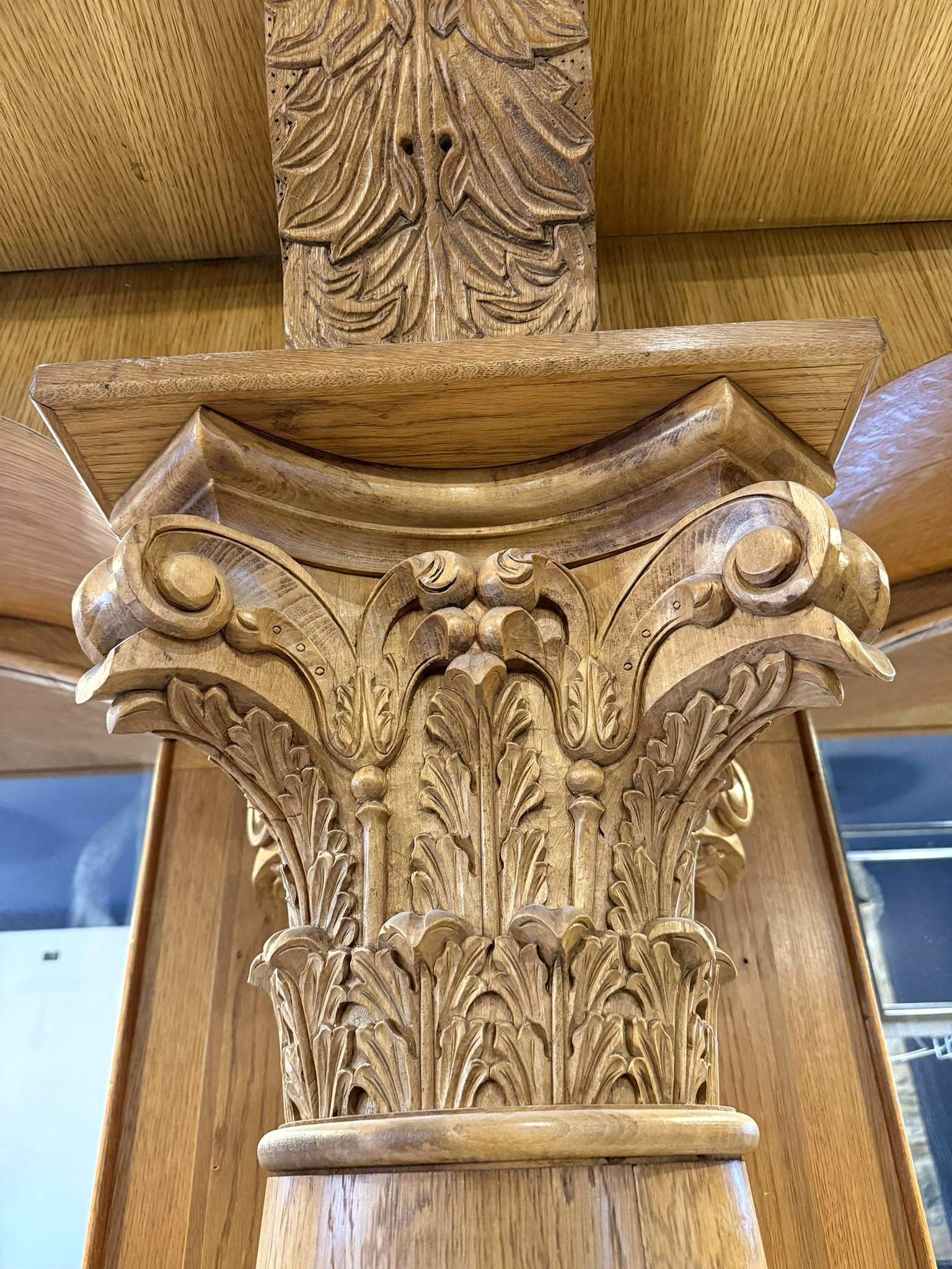Close-up of decorative carved timber at Milne’s in Dunoon